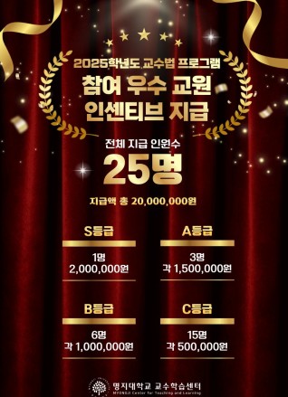 2025학년도 교수법 프로그램 참여 우수 교원 인센티브 지급 안내